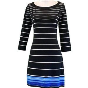 White House Black Market 3/4 Sleeve Boat Neck Black Striped Jersey Dress Size S